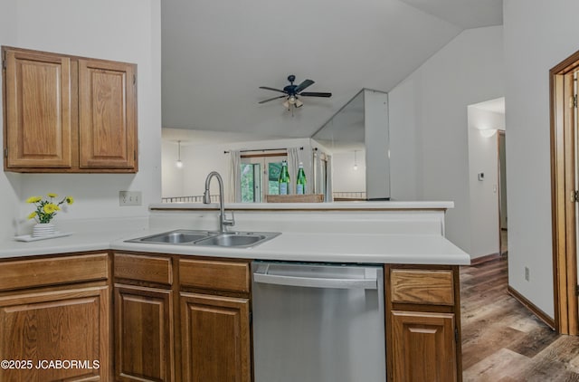 808 Park De Ville Pl, Columbia, MO 65203 - kitchen featuring dishwasher, ceiling fan, lofted ceiling, light countertops, and wood finished floors