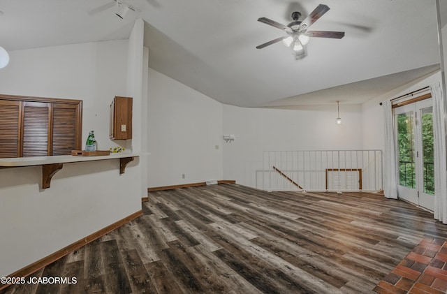 808 Park De Ville Pl, Columbia, MO 65203 - unfurnished living room featuring ceiling fan, lofted ceiling, and dark wood-style floors