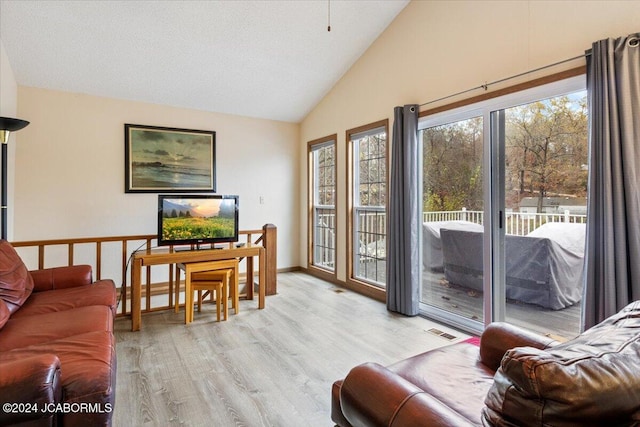 living area featuring lofted ceiling, wood finished floors, and visible vents