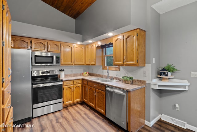 kitchen featuring appliances with stainless steel finishes, a sink, decorative backsplash, wood finished floors, and visible vents