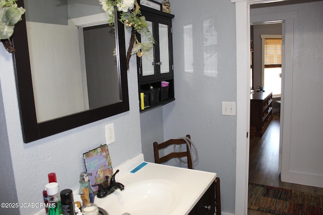 bathroom featuring wood finished floors, vanity, and a textured wall