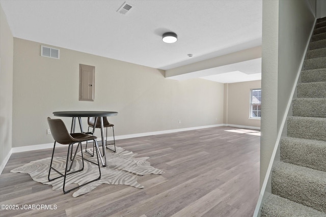 interior space with stairway, wood finished floors, visible vents, and electric panel