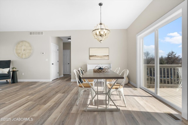 dining room featuring light wood finished floors, visible vents, and baseboards