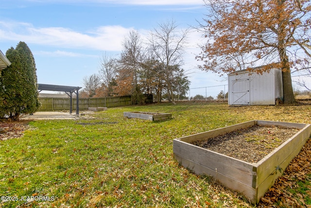 view of yard featuring a pergola and a shed