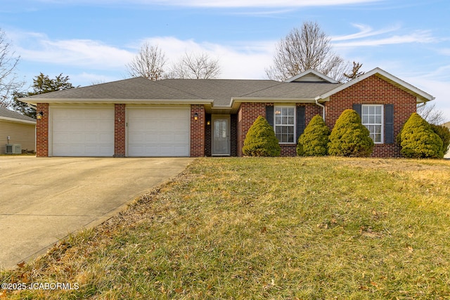 single story home with a garage, a front yard, and central air condition unit