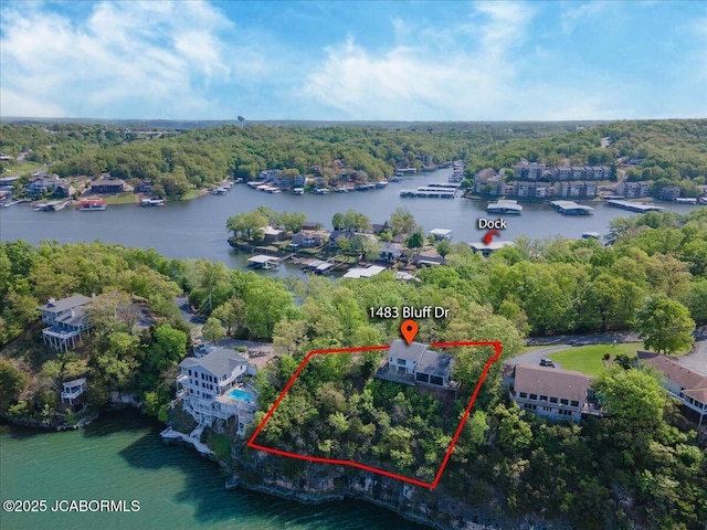 birds eye view of property featuring a view of trees and a water view