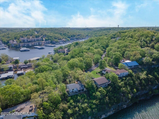 aerial view with a water view and a wooded view