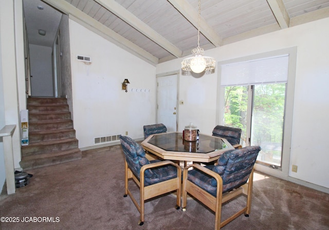 carpeted dining room with vaulted ceiling with beams, wood ceiling, visible vents, and stairway
