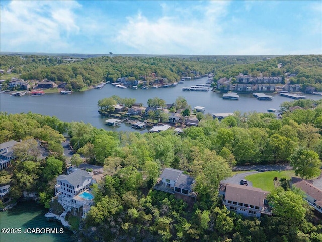 drone / aerial view with a water view and a wooded view