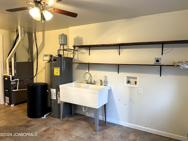 laundry area featuring hookup for an electric dryer, washer hookup, electric water heater, and ceiling fan