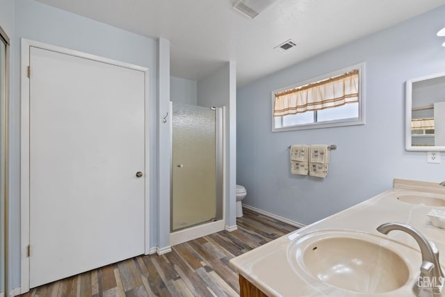 3113 Raccoon Dr, Lake Isabella, CA 93240 - full bath featuring a stall shower, toilet, wood finished floors, and double vanity