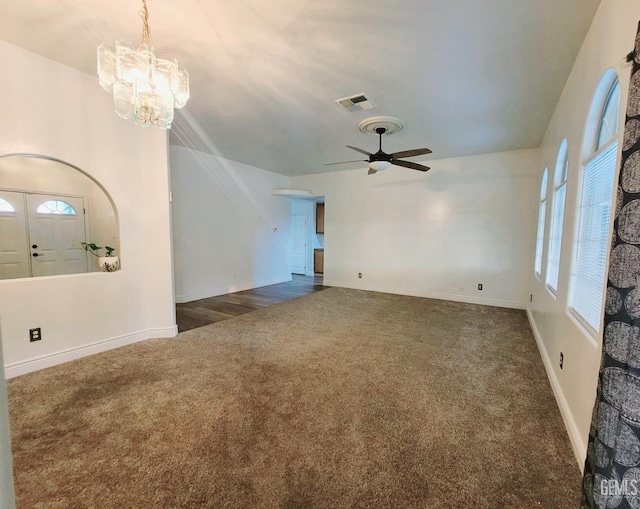 7205 Colony Park Dr, Bakersfield, CA 93313 - spare room featuring dark carpet, a chandelier, and ceiling fan