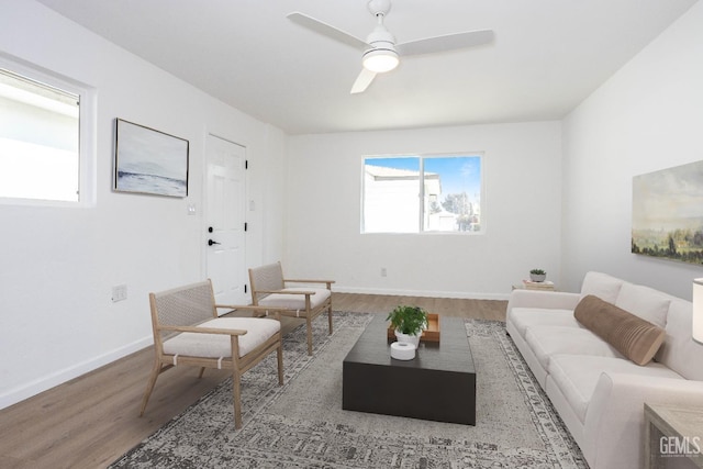 living room with wood-type flooring and ceiling fan