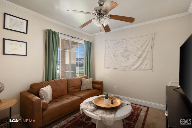 living room featuring ornamental molding and ceiling fan