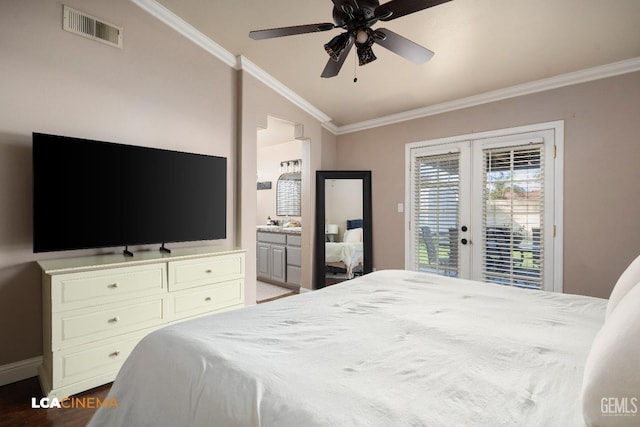 bedroom with french doors, ornamental molding, ensuite bathroom, and access to outside