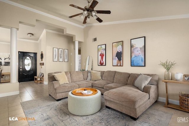 tiled living room featuring ornate columns, ornamental molding, lofted ceiling, and ceiling fan