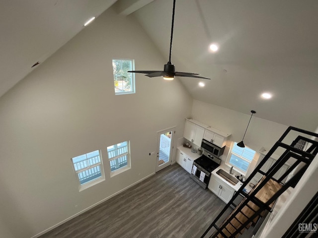 5929 Gran Paseo Way, Atascadero, CA 93422 - living room featuring high vaulted ceiling, a ceiling fan, dark wood finished floors, baseboards, and recessed lighting