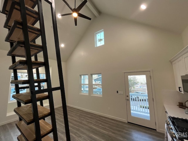 5929 Gran Paseo Way, Atascadero, CA 93422 - interior space featuring wood finished floors, beam ceiling, ceiling fan, and high vaulted ceiling