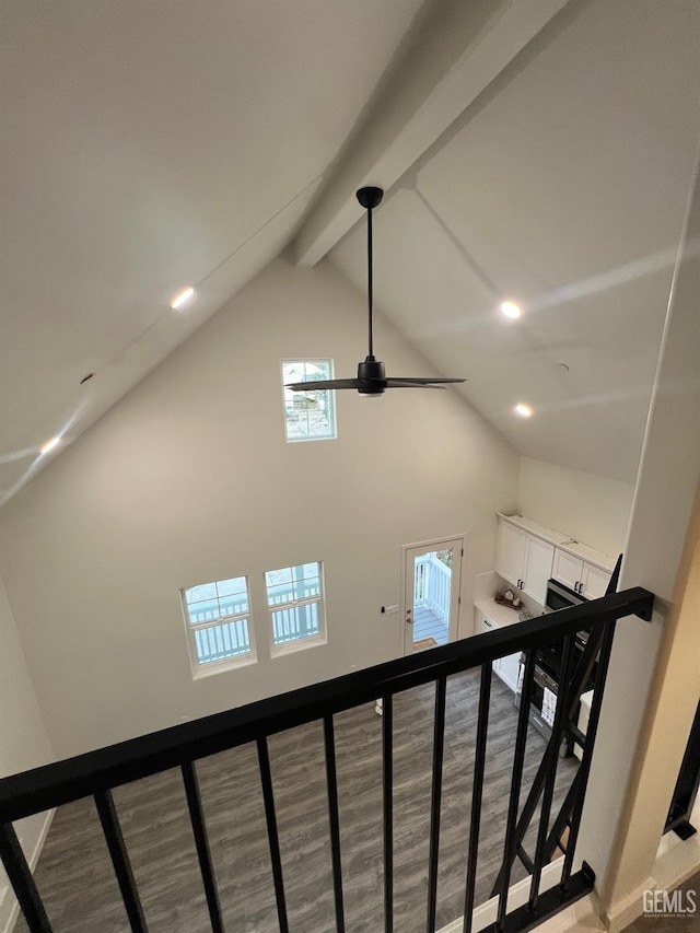 5929 Gran Paseo Way, Atascadero, CA 93422 - stairs featuring beam ceiling, recessed lighting, a ceiling fan, wood finished floors, and high vaulted ceiling