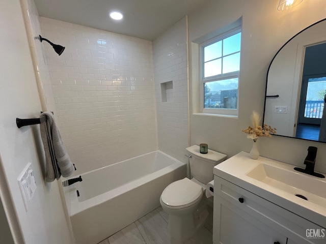 5929 Gran Paseo Way, Atascadero, CA 93422 - bathroom with recessed lighting, toilet, vanity, and bathing tub / shower combination