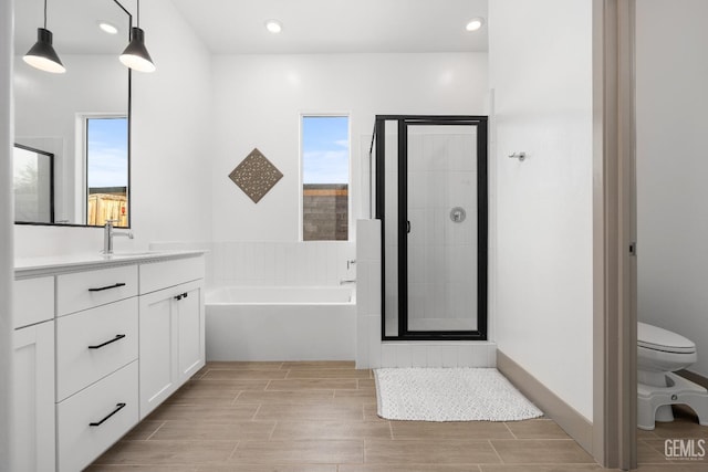 bathroom with a healthy amount of sunlight, toilet, a bath, and vanity