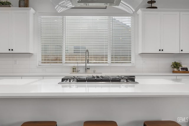 kitchen with light countertops and white cabinetry