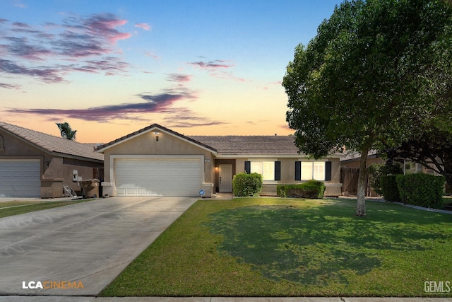 10006 Grand View Summit Dr, Bakersfield, CA 93311 - ranch-style house with stucco siding, a garage, concrete driveway, and a yard