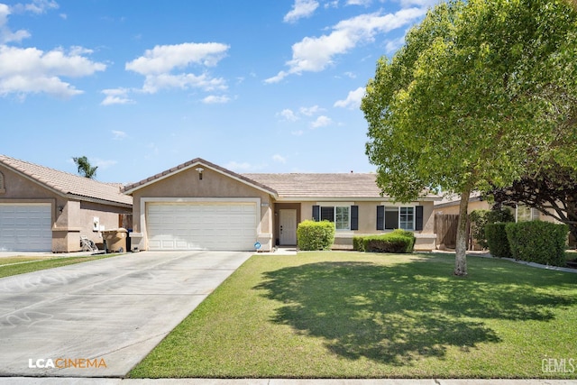 10006 Grand View Summit Dr, Bakersfield, CA 93311 - ranch-style home with stucco siding, an attached garage, driveway, a front yard, and a tile roof