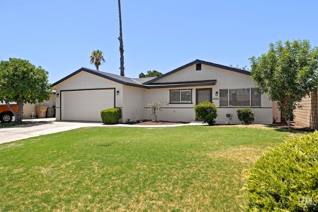 2605 Bladen St, Bakersfield, CA 93309 - ranch-style home with a garage, driveway, a front yard, and stucco siding