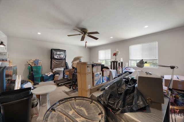 miscellaneous room with a ceiling fan, carpet floors, recessed lighting, and ornamental molding