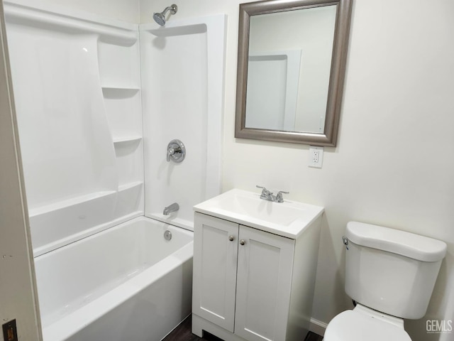 full bath with tub / shower combination, vanity, and toilet