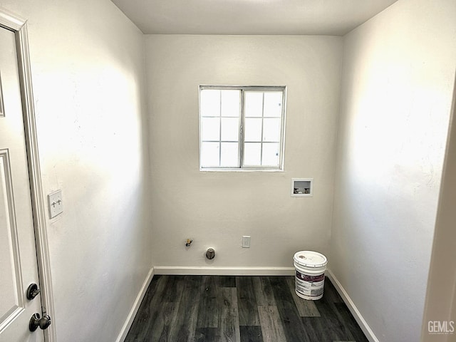 clothes washing area featuring laundry area, baseboards, hookup for a washing machine, and dark wood-style floors