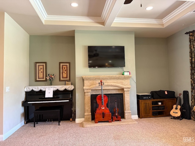 2410 Exton St, Bakersfield, CA 93311 - sitting room with crown molding, a premium fireplace, carpet, a tray ceiling, and recessed lighting