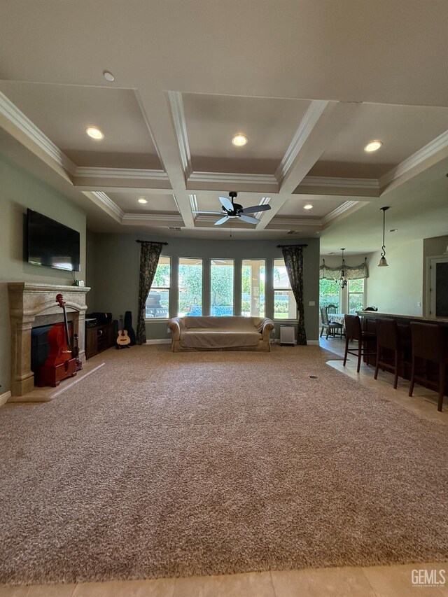 2410 Exton St, Bakersfield, CA 93311 - game room with crown molding, coffered ceiling, carpet floors, a ceiling fan, and recessed lighting
