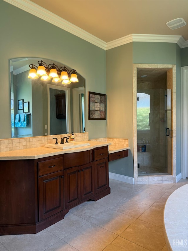 2410 Exton St, Bakersfield, CA 93311 - bathroom with crown molding, vanity, a stall shower, tile patterned flooring, and tasteful backsplash