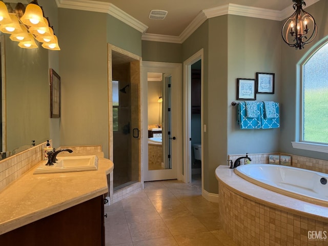 2410 Exton St, Bakersfield, CA 93311 - bathroom featuring a chandelier, vanity, a garden tub, a stall shower, and tile patterned flooring