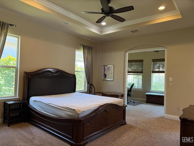 2410 Exton St, Bakersfield, CA 93311 - bedroom featuring crown molding, light carpet, a tray ceiling, recessed lighting, and ceiling fan