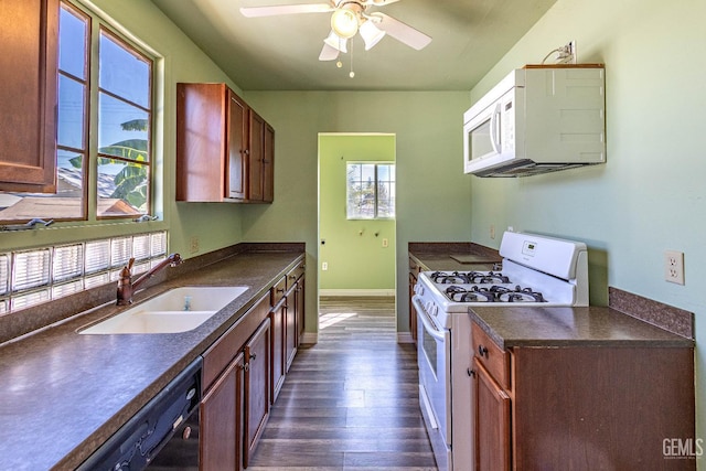 kitchen with plenty of natural light, ceiling fan, white appliances, and sink