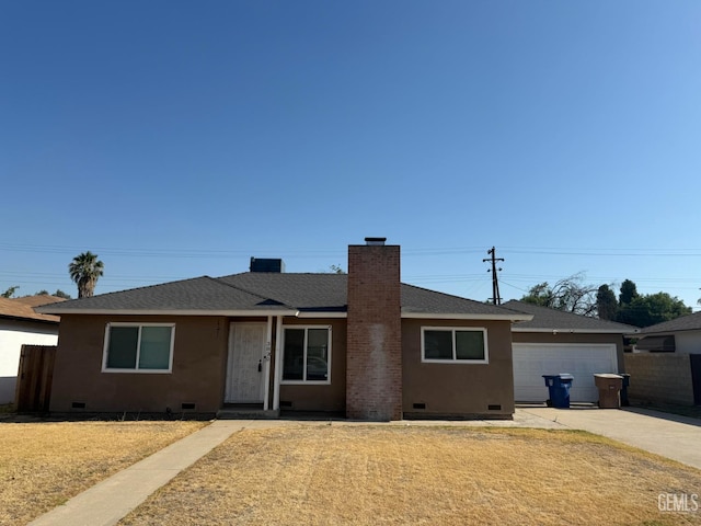 3820 Apache Ave, Bakersfield, CA 93309 - ranch-style home with crawl space, driveway, a chimney, an attached garage, and a shingled roof