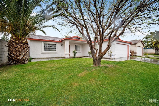 single story home with stucco siding, a garage, concrete driveway, and a front yard