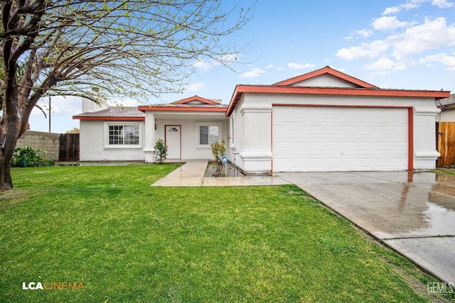 ranch-style house featuring fence, a front yard, stucco siding, a garage, and driveway