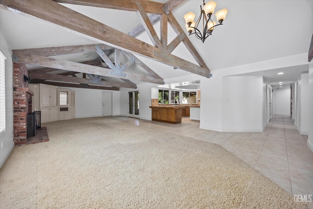 11717 Old Town Rd, Bakersfield, CA 93312 - unfurnished living room with a chandelier, beam ceiling, high vaulted ceiling, and tile patterned floors