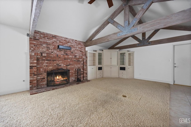 11717 Old Town Rd, Bakersfield, CA 93312 - unfurnished living room featuring beamed ceiling, a fireplace, high vaulted ceiling, light carpet, and ceiling fan