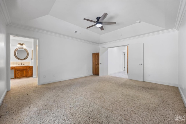 11717 Old Town Rd, Bakersfield, CA 93312 - unfurnished bedroom with a tray ceiling, crown molding, carpet flooring, ensuite bath, and ceiling fan