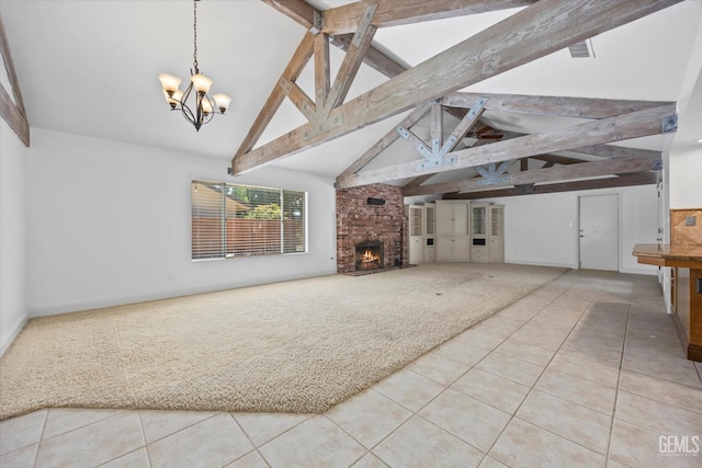 11717 Old Town Rd, Bakersfield, CA 93312 - unfurnished living room featuring carpet flooring, a chandelier, beam ceiling, a fireplace, and tile patterned floors