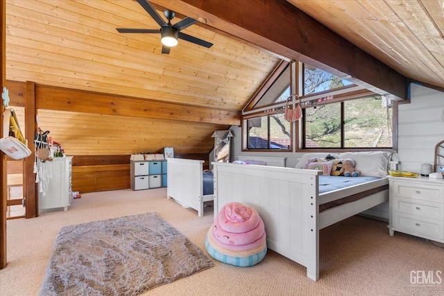 carpeted bedroom featuring vaulted ceiling with beams, wooden ceiling, and wooden walls