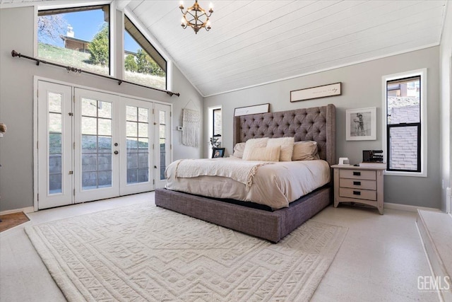 bedroom featuring high vaulted ceiling, baseboards, access to exterior, french doors, and an inviting chandelier