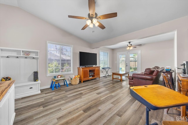 9913 Mark Twain Ave, Bakersfield, CA 93312 - living area with lofted ceiling, ceiling fan, and light wood-style flooring