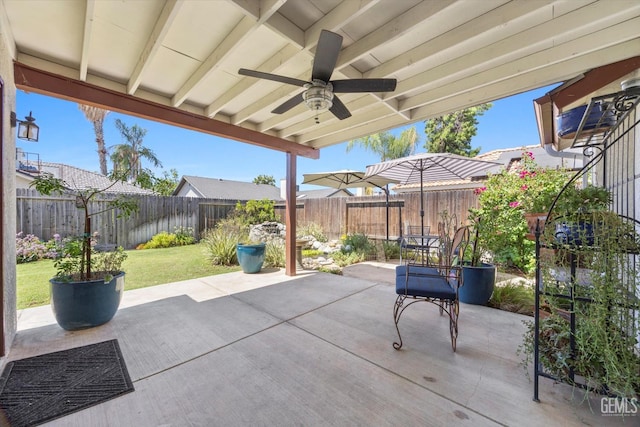9913 Mark Twain Ave, Bakersfield, CA 93312 - fenced backyard with a patio area and ceiling fan