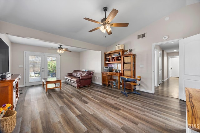 9913 Mark Twain Ave, Bakersfield, CA 93312 - living room featuring french doors, ceiling fan, lofted ceiling, wood finished floors, and a desk